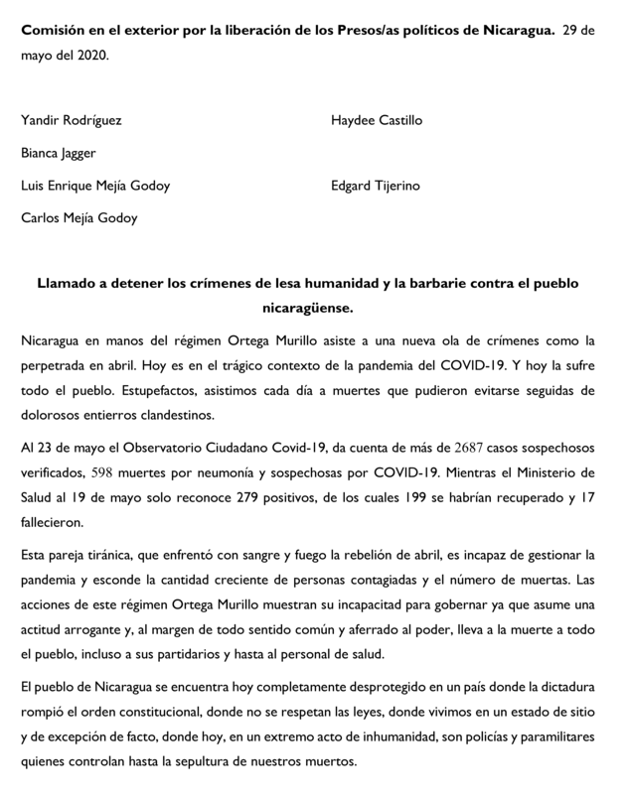 Llamado a detener la barbarie contra el pueblo de Nicaragua!